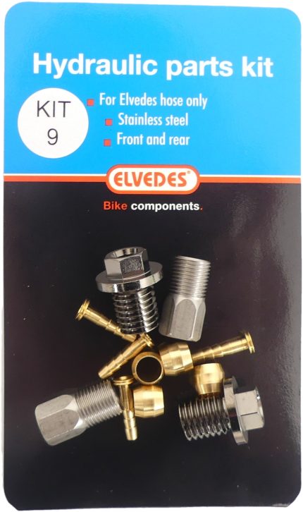 Hydraulische onderdelen kit 9 Elvedes M9 flensbout en M8 RVS onderdelen voor voor- en achterrem (op kaart)